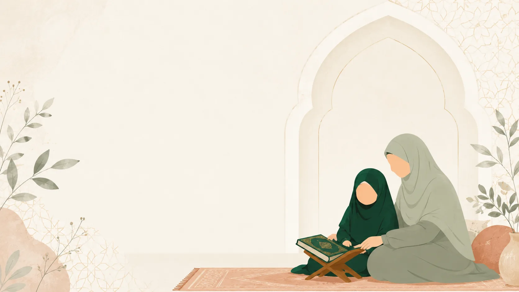 Mother guiding her daughter in learning the Quran