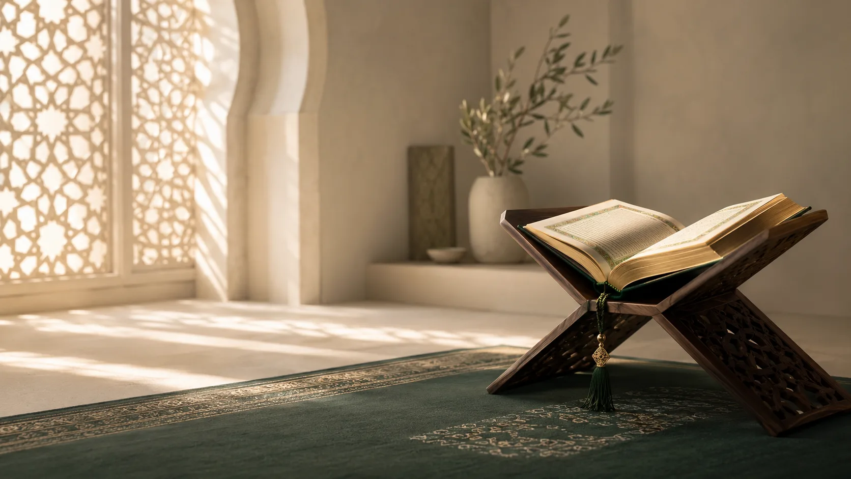 Open Quran resting on a wooden rehal in a peaceful study space